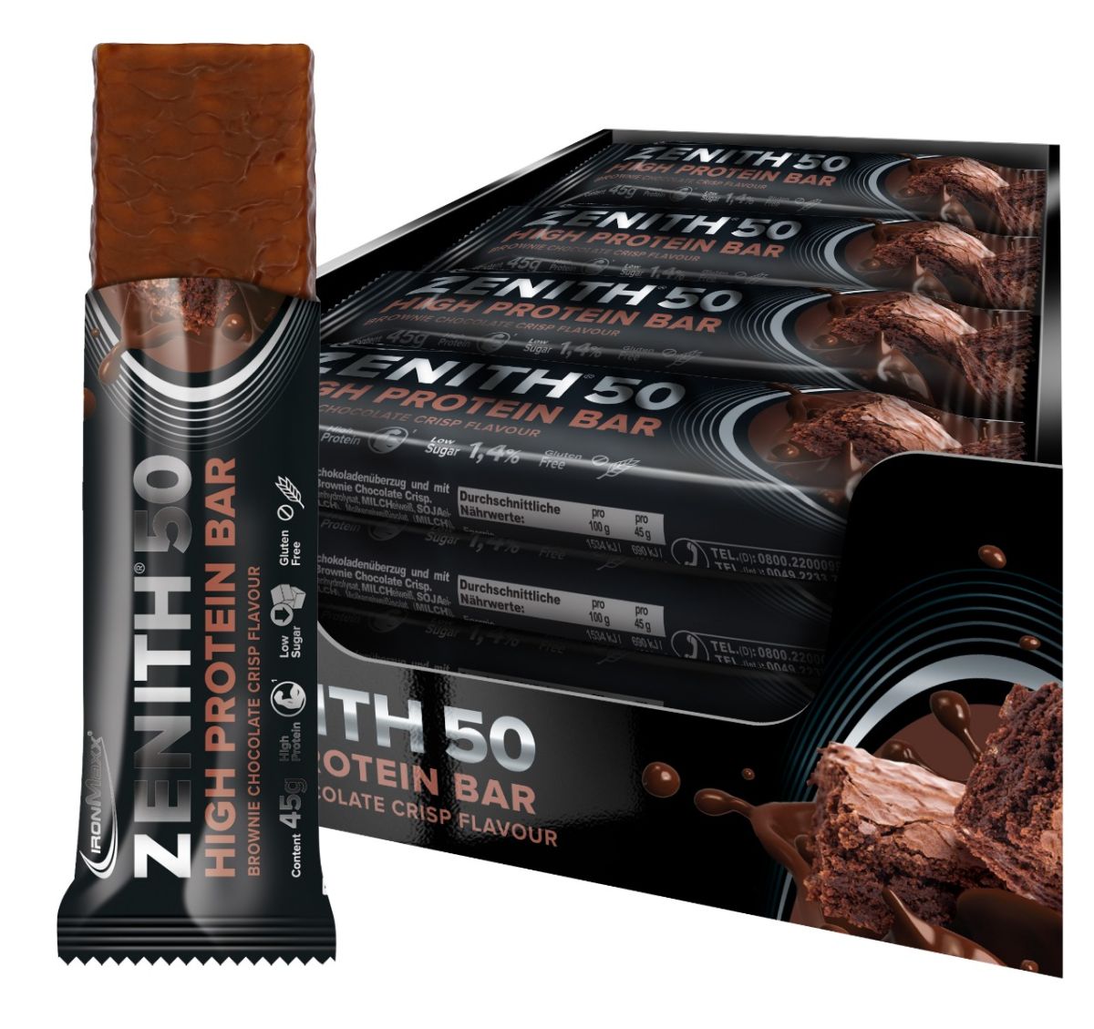 IronMaxx 50% Zenith® Protein Bar - Brownie Chocolate Crisp 16 x 45g