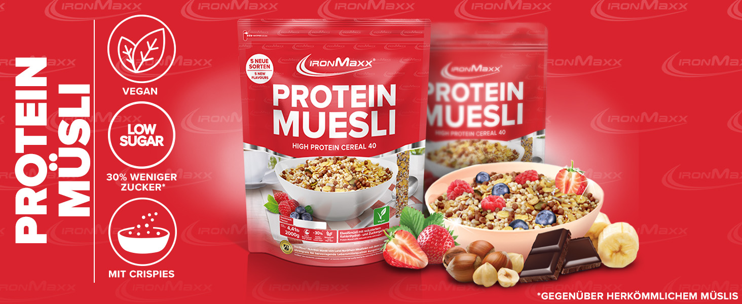 IronMaxx Protein Muesli – Muesli Protéiné Végétalien – 48% de Protéines –  Sans Lactose et sans Gluten – Pour Sportifs – Goût Banane – 1 x paquet de 2